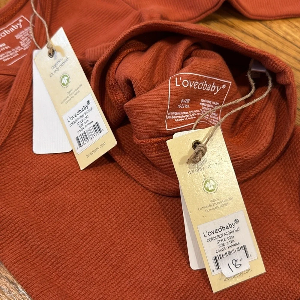 NWT Lovedbaby Rust Organic Cotton Baby Bodysuit and Hat Set 6-9 months corduroy
